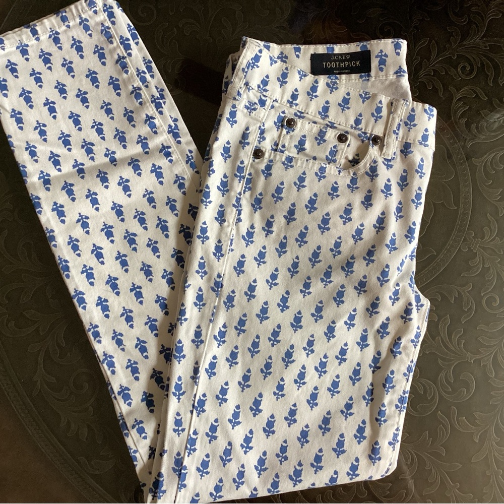 J. Crew White Ankle Jeans with Blue Floral Pattern